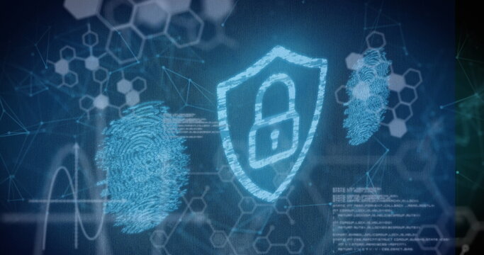 Displaying chalk-style shield with padlock on virtual security interface, with fingerprint patterns - Powered by Adobe