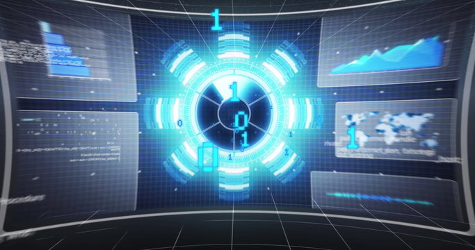 Animating holographic circular interface with binary digits and panels over floor in control center