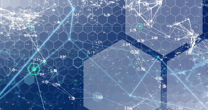 Visualizing network graphic pulsating on abstract digital interface, with hexagonal grid pattern - Powered by Adobe