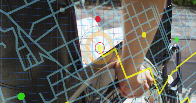 Cyclist right hand gripping handlebar in sunny city street, with mounted smartphone map overlay - Powered by Adobe