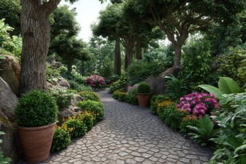 Beautiful garden path with lush greenery and blooming flowers