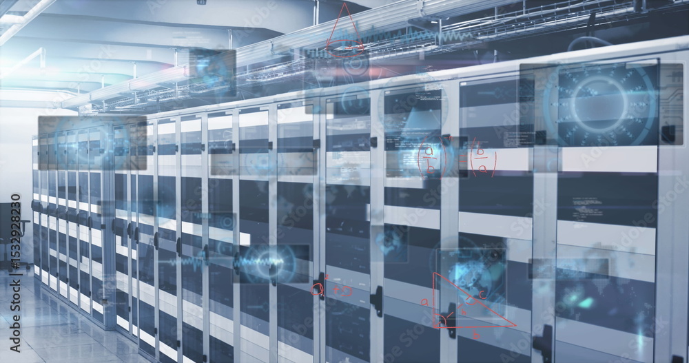 Aufkleber lining server cabinets displaying holographic data in data center aisle, with network cables
