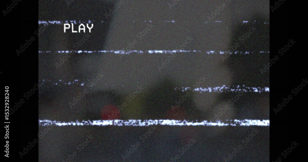 Poster displaying play overlay text over glitchy static interference lines on screen interface