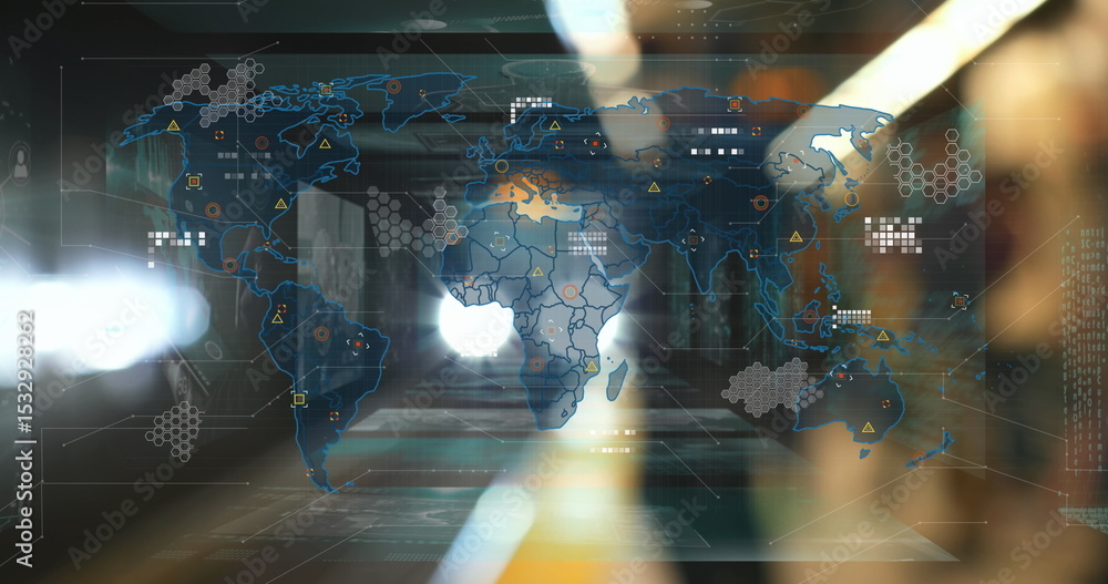 Poster displaying digital world map projection on glass corridor wall, with hex grid nodes and data lines