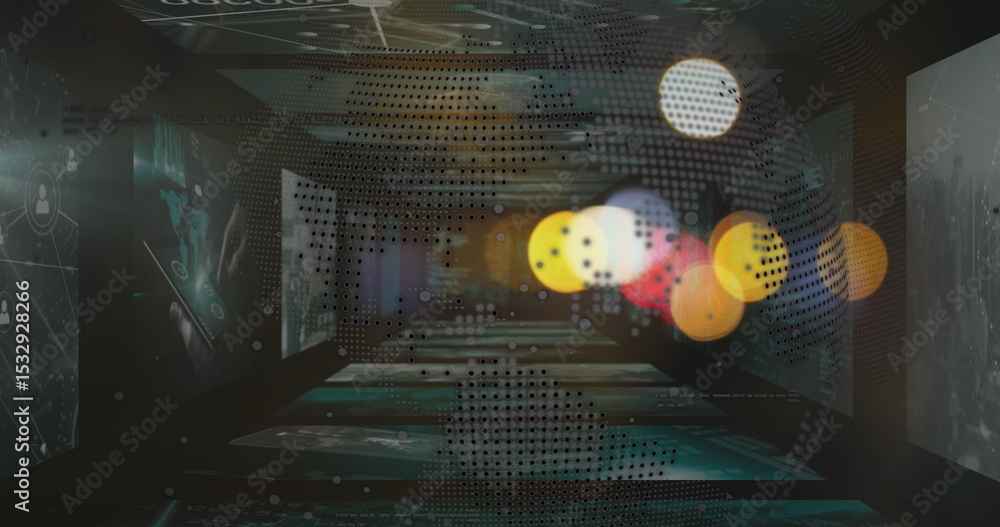 Poster floating dot-matrix globe hovering in futuristic data tunnel, translucent screens, network icons