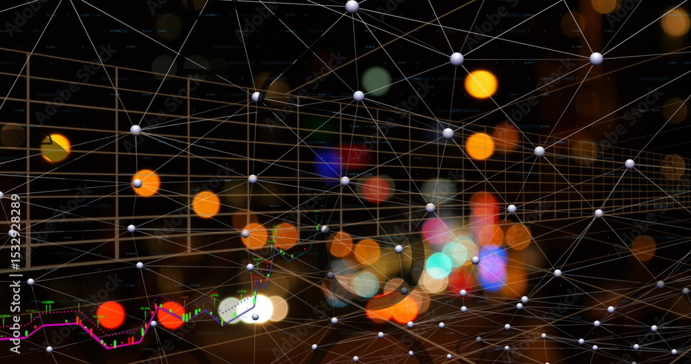 Aufkleber displaying 3d grid of white nodes and thin lines on dark background, with financial line chart