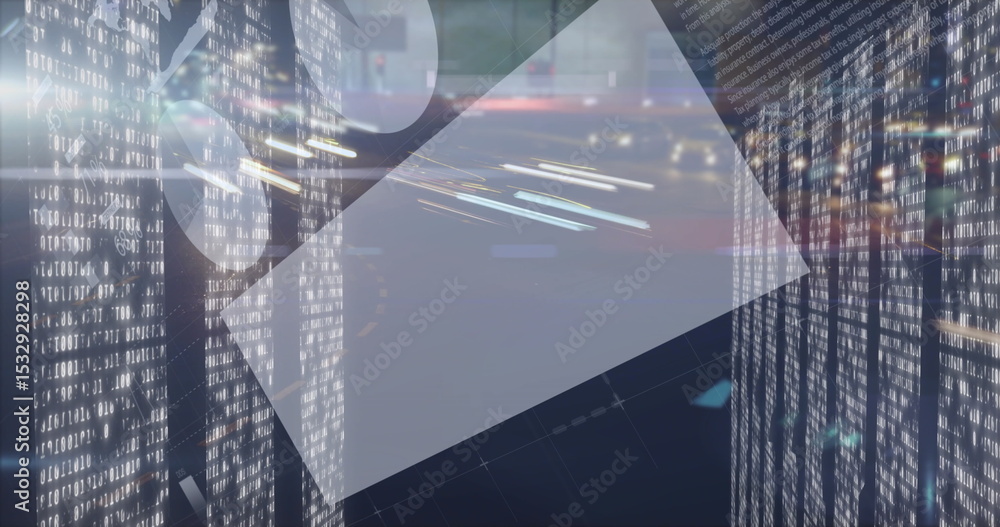 Aufkleber moving clear trapezoid floating on grid plane in network space with binary panels and light trails