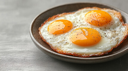 Three fried eggs on a plate, kitchen counter background, breakfast meal