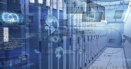 Walking central aisle displaying floating equations, data graphs at data center, with server racks