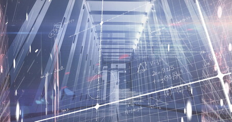 Displaying central corridor of server racks lining data center, with LEDs and grid formulas overlay