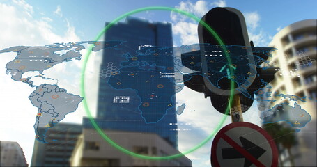 Displaying map with icons, green highlight over city street, with signal and no-right-turn sign