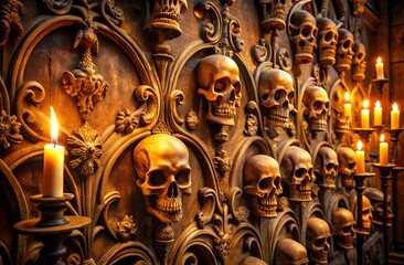 Fototapeta premium Gothic Wall Texture with Skull Carvings and Candle