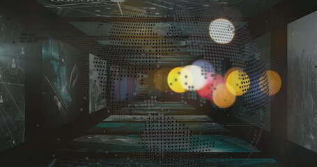 Floating dot-matrix globe hovering in futuristic data tunnel, translucent screens, network icons