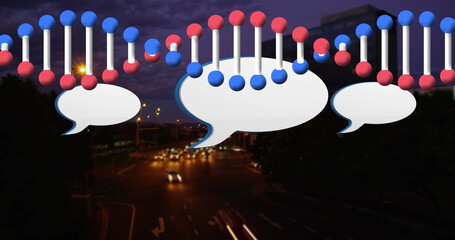 Displaying DNA chains and speech bubbles over night city street, with blurred cars and streetlamps