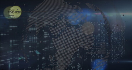 Rotating 3D globe displaying dotted world map in virtual data space, with floating code snippets
