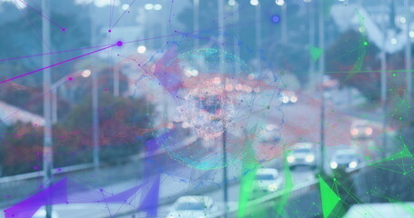 Glowing digital mesh hovering above urban road at dusk, with blurred vehicles, lamps, guardrails