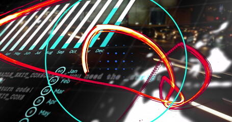 Abstract graphic overlaying cityscape, showing May–Oct bars, Jan–May grid, neon loops, aqua circle