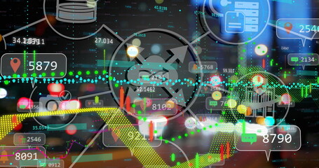 Displaying cloud node sending arrows over blurred night street, showing financial charts and icons