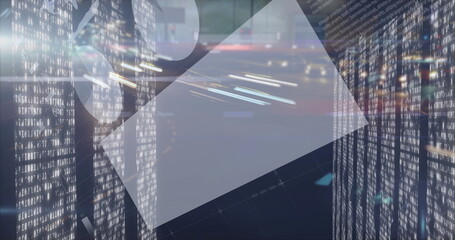 Moving clear trapezoid floating on grid plane in network space with binary panels and light trails