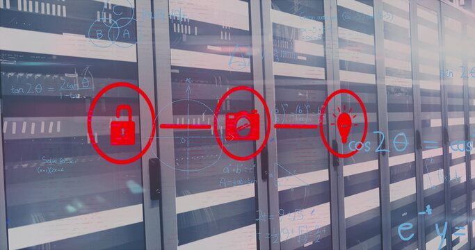 Connecting red security icons by red line over server rack cabinets in data center, with formulas