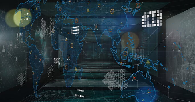 Displaying holographic world map projection filling control hub corridor, with hexagonal clusters - Powered by Adobe