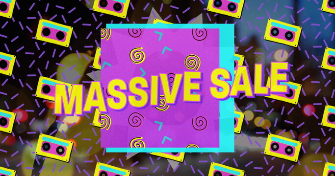 Showing neon-framed purple square displaying MASSIVE SALE in 80s ad, with cassette tapes, sprinkles