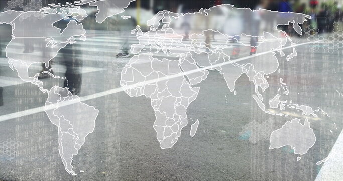 Walking blurred pedestrians crossing wet crosswalk, with digital world map overlay and binary code