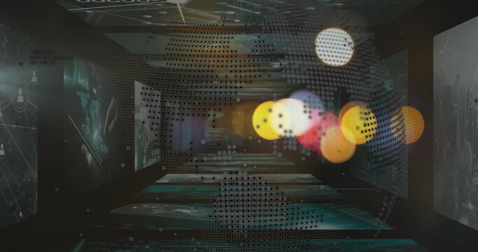 Floating dot-matrix globe hovering in futuristic data tunnel, translucent screens, network icons - Powered by Adobe