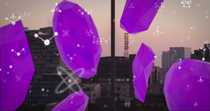 Floating purple crystals hovering at city rooftop, with constellation overlays and tower silhouette - Powered by Adobe