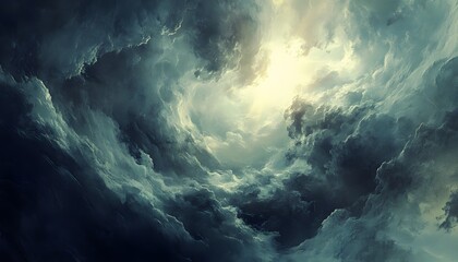A dramatic view of swirling, dark clouds, illuminated by a celestial light source.