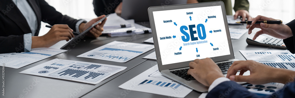 Poster seo search engine optimization for brisk e-commerce and online retail business showing on computer s