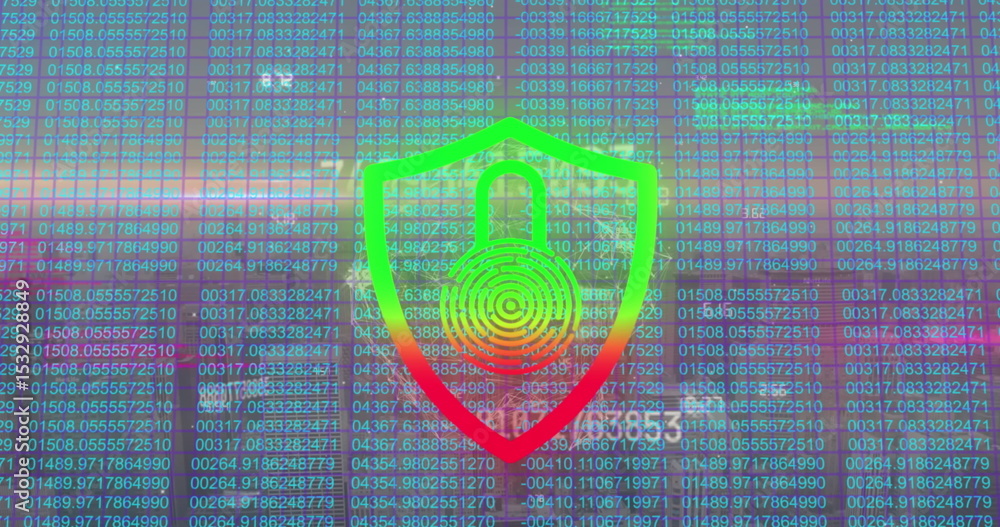 Poster glowing neon-gradient shield icon showing padlock hovering over data dashboard, with scrolling code