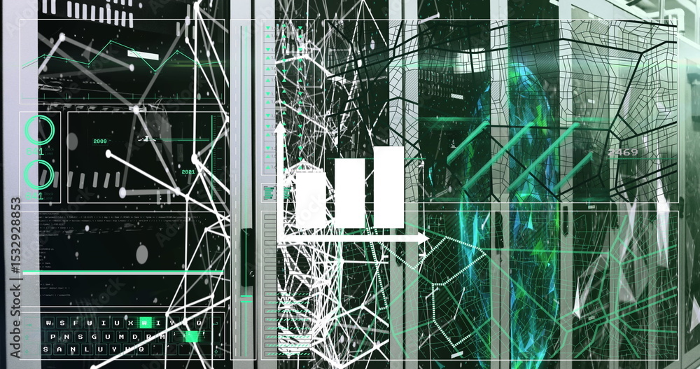 Poster displaying mesh figure floating in datacenter, with panels showing charts, server racks, copy space