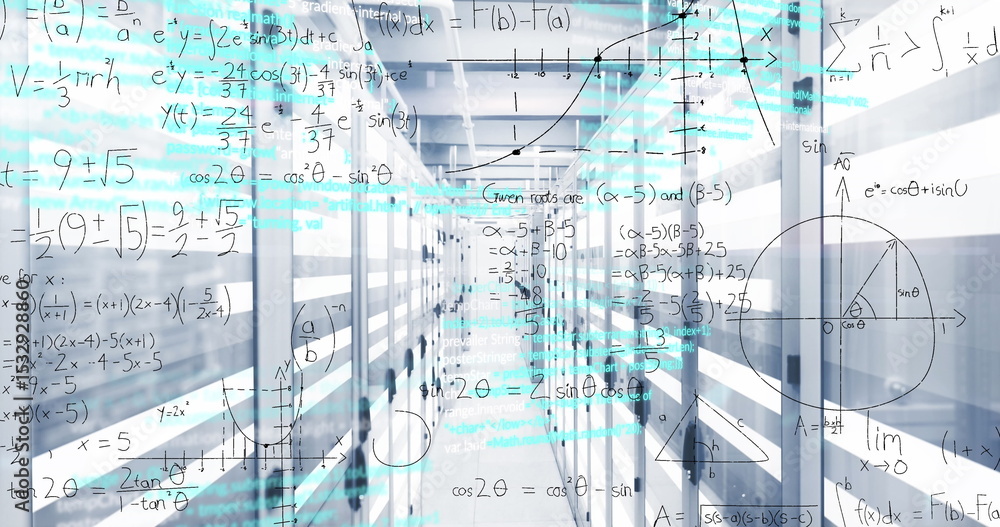 Poster server rack corridor glowing in data center, displaying network switches, equations and graphs