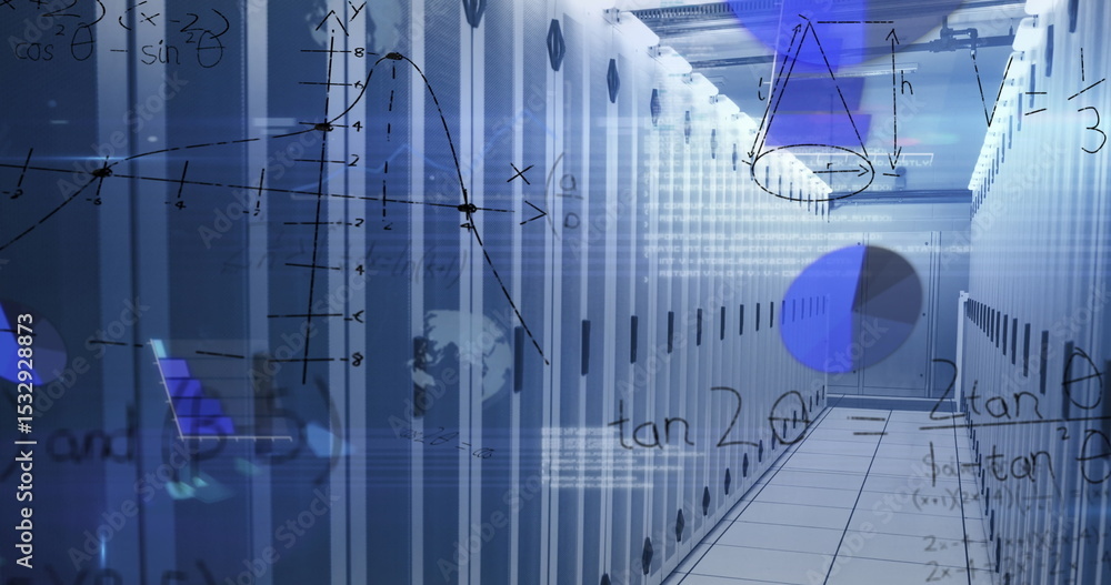 Poster displaying central server rack corridor in server room, with led lights and math graph overlays