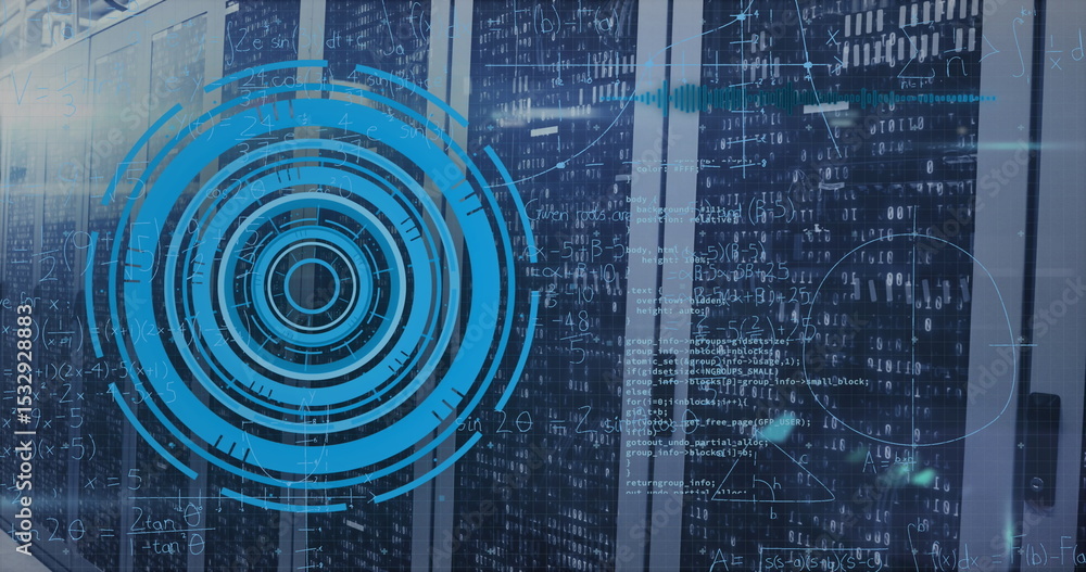 Poster neon blue interface overlay hovering before server racks at data center, with code streams