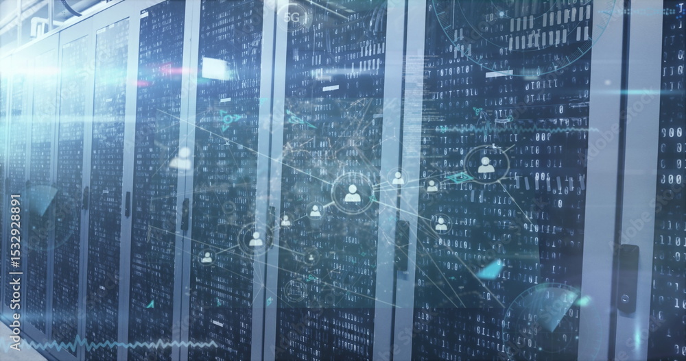 Poster displaying glass server cabinets projecting binary code and network icons with leds in server room