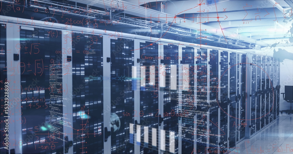 Poster glowing server racks displaying blinking led lights in data center corridor, with network cables