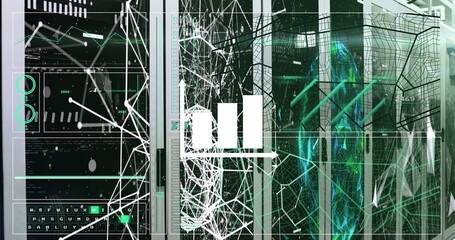 Displaying mesh figure floating in datacenter, with panels showing charts, server racks, copy space
