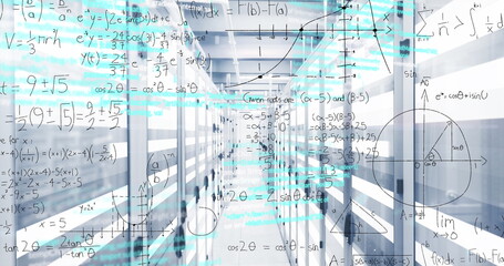 Server rack corridor glowing in data center, displaying network switches, equations and graphs