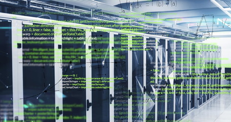 Displaying server racks processing data in modern data center, with network cables and code overlay