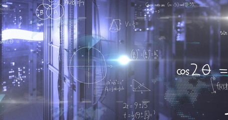 Server rack hosting LED-lit boards in glass-walled data center, with floating formulas, copy space