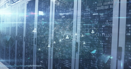 Displaying glass server cabinets projecting binary code and network icons with LEDs in server room