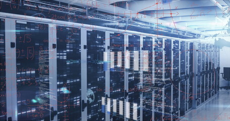 Glowing server racks displaying blinking LED lights in data center corridor, with network cables