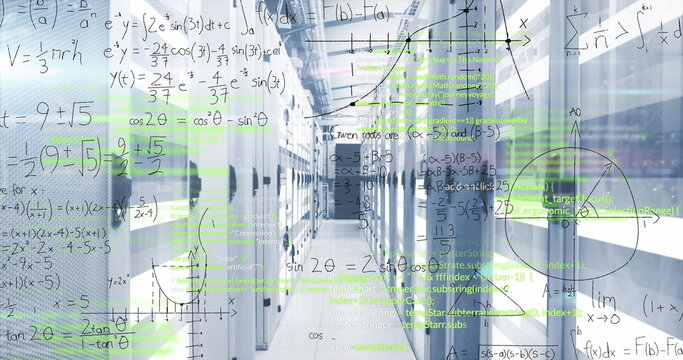 Shining fluorescent fixtures illuminating data center corridor, with server racks and code overlays