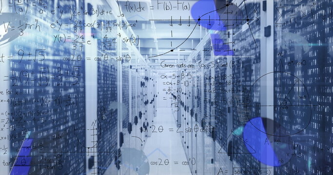 Showcasing central corridor running between server racks on raised floor tiles, floating equations
