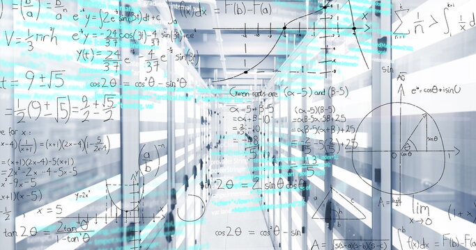 Server rack corridor glowing in data center, displaying network switches, equations and graphs