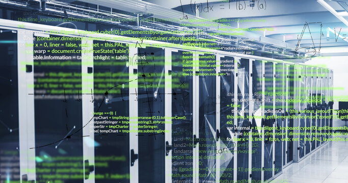 Data Center Aisle with Code Overlay Representing Cybersecurity - Free ...