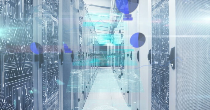 Streaming digital overlays marking central aisle in data center, with server racks and LED lights - Powered by Adobe