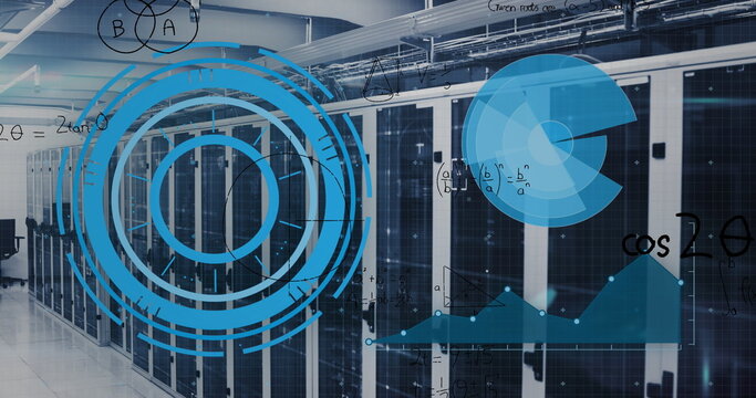 Displaying server racks showing analytics overlays in data center corridor, with data visuals